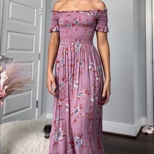 Midi length pink floral dress, strapless